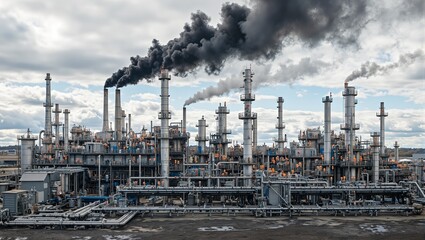 Industrial petrochemical plant emitting black smoke surrounded by oil stains and pipes