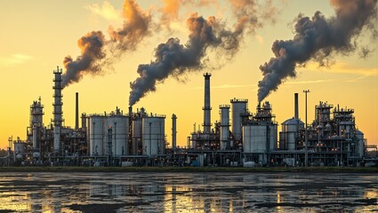 Pollution filled industrial plant with smoke stacks and yellow sky