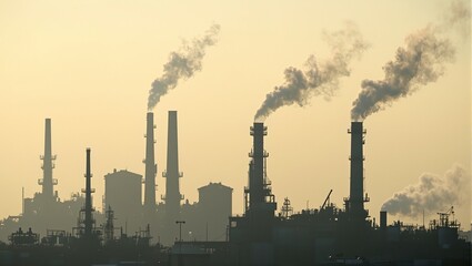 Fototapeta premium Industrial complex with smoking stacks against yellow sky creating dystopian vibe