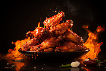 Hot chicken wings on flames