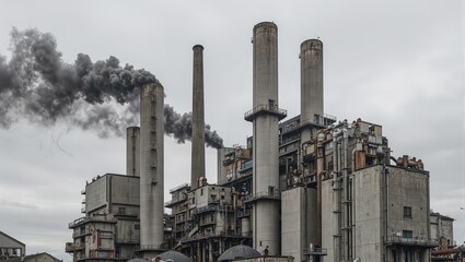 Polluting industrial factory with towering smoke stacks and rusted structures against cloudy sky