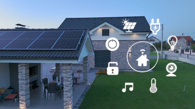 Intelligent modern house with animated icons of smart home appliances. Automation remote control concept. 3D render