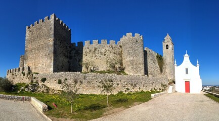 Obraz premium This image showcases a historic stone castle with formidable, crenelated walls and towers, bathed in sunlight against a clear, vibrant blue sky.