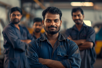 Photograph of a team of mechanics in an auto repair shop with a professional working environment.