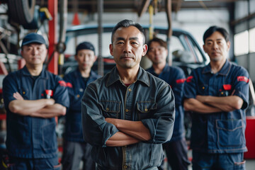 Photograph of a team of mechanics in an auto repair shop with a professional working environment.