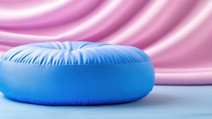 Plush blue cushion against a soft pink draped background, AI