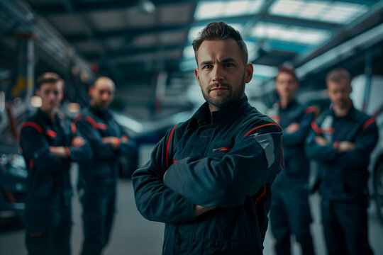 Photograph of a Germany team of mechanics in an auto repair shop with a professional working environment.