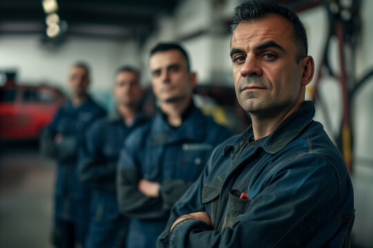 Photograph of a Spain team of mechanics in an auto repair shop with a professional working environment.