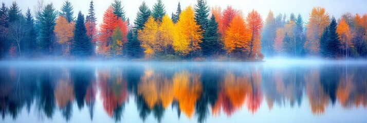 Fototapeta premium A tranquil autumn lake with colorful trees reflecting in still water at sunrise