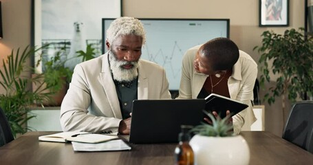 Black people, business and laptop with meeting for collaboration, corporate proposal or teamwork at office. African businessman, woman or employees with computer for company analytics at workplace - Powered by Adobe