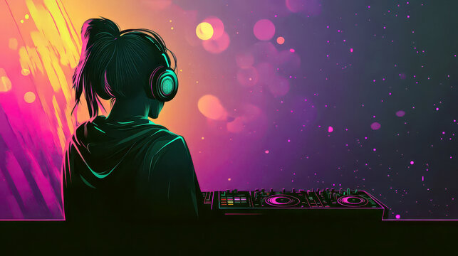 Vibrant dj night celebration with music and dance energies. Horizontal banner. Copy space. International DJ Day. World Music Day. International Reggae Day. Flat illustration