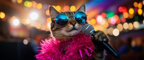 A cool cat with sunglasses and a microphone.