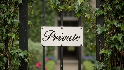 Fototapeta premium Private sign on overgrown gate to garden ivy creeping up
