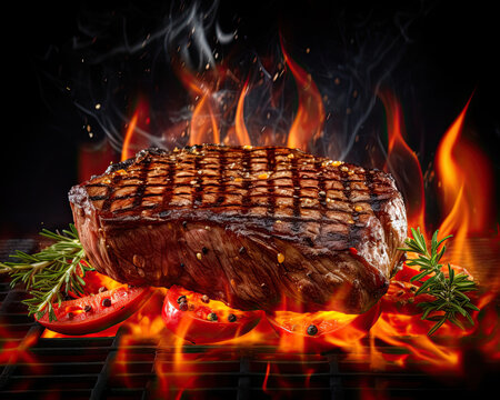 Steak cooking on fire with vegetables bbq grill