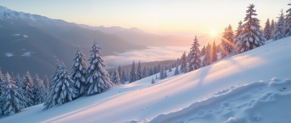 Serene winter scene showcasing snow-covered mountains and pine trees at sunrise, capturing the essence of tranquility and natural beauty in a pristine wilderness setting.

