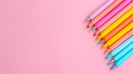 Vibrant Pastel Ballpoint Pens Arranged on Pink Background, Perfect for Creative Stationery, School Supplies, Office Tools, and Art Photography with Copy Space and Minimalistic Style

