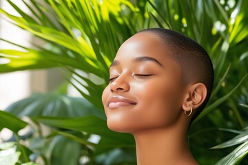 Serene African woman with shaved head smiling gently in sunlight among lush green plants
