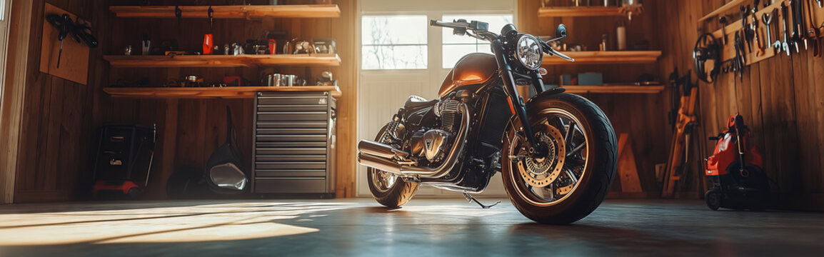 A stunning motorcycle parked in a sunlit garage showcasing craftsmanship
