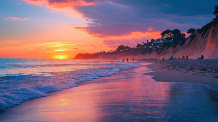 Obraz premium Serenity by the shore at sunset as people relax on a tranquil beach