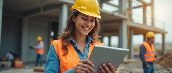 Smiling female engineer wearing a yellow hard hat and orange safety vest, using a tablet on a construction site, symbolizes modern and efficient project management in engineering.

