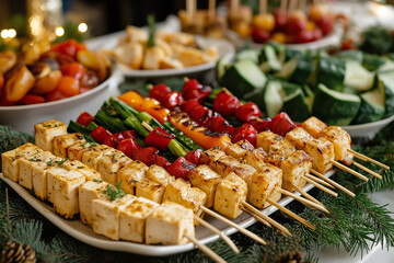 Cozy Christmas table with delicious skewers and festive decorations