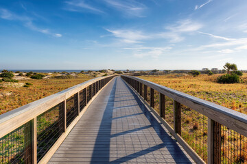 Fototapeta premium Boardwalk trail in New Smyrna Dunes Park in sunny day in New Smyrna Beach, Florida