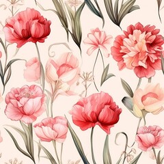 Charming Watercolor Floral Pattern Featuring Lively, Vibrant Pink and Peach Tulips Alongside Lush Greenery