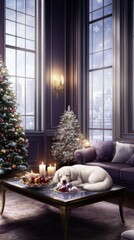 A comfortable living room features a sleeping puppy on the couch, bright decorations, and a view of the garden through large windows