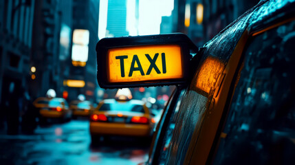 Vibrant cityscape with taxis in urban setting celebrating international taxi day. Horizontal banner. Copy space. Yellow cars on a city street.