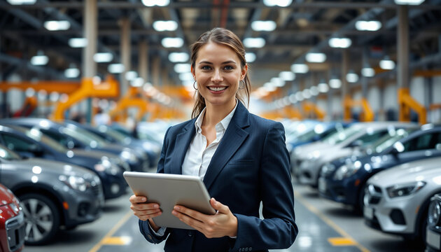 Confident businesswoman holding a tablet in a modern automobile factory. Surrounded by cars, she represents leadership and innovation in the automotive industry.

