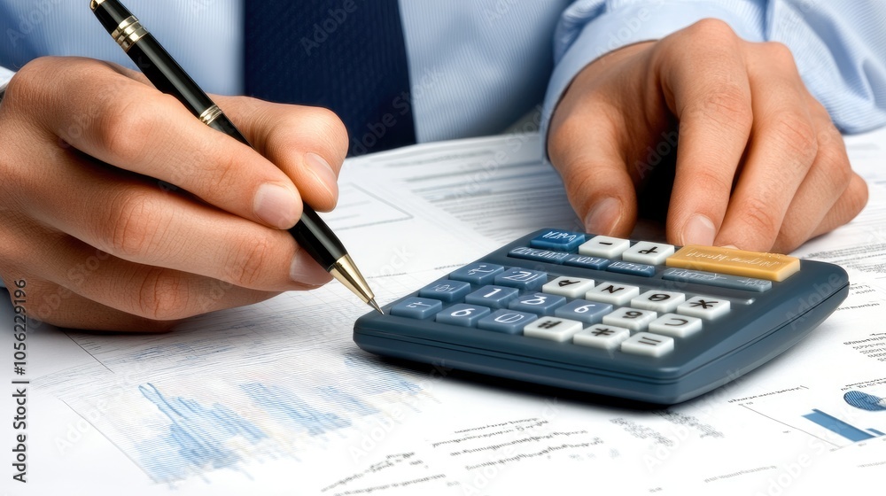 Poster hands are actively using a calculator and pen to analyze financial data on graph paper in a professi