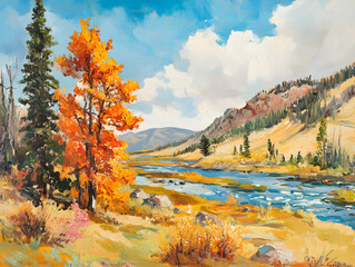 A vibrant landscape painting depicting a river winding through a valley with a bright orange tree standing out against the blue sky.