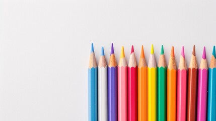 Fototapeta premium Rainbow-Colored Pencils on White Background, Minimalist Stationery Layout with Copy Space for Art, School, and Creative Projects