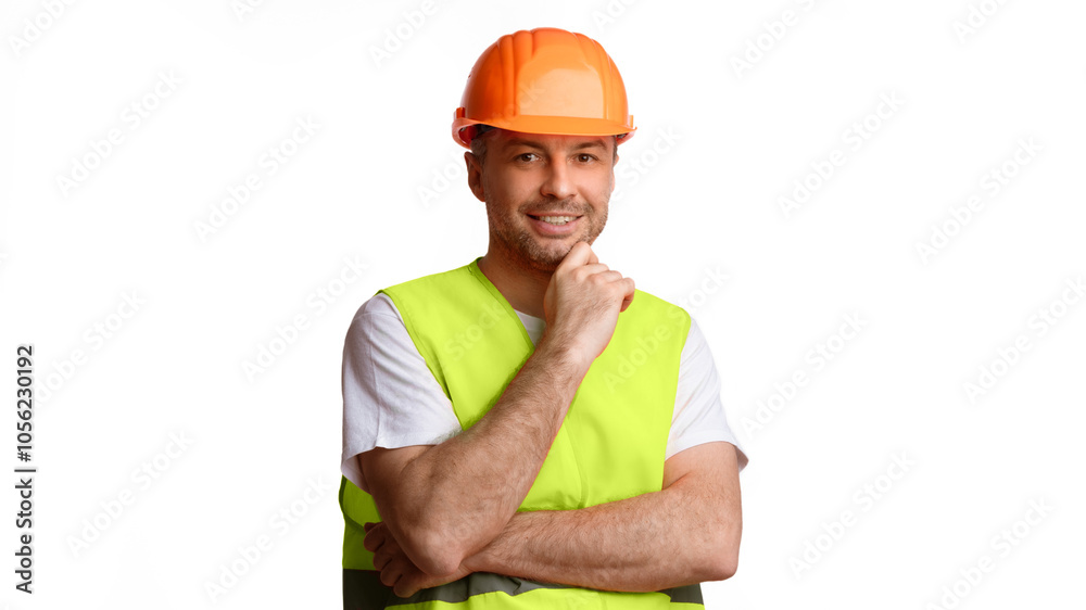 Poster Construction Worker's Portrait. Builder Worker Man In Orange Uniform And Hardhat Posing Smiling To Camera Standing Over White Background. Professional Builder Profession. Studio Shot, Panorama