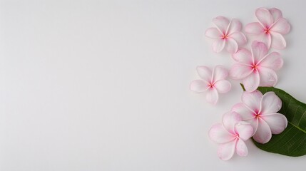 Soft Pink Frangipani Flowers with Green Leaf on White Background, Minimalist Floral Arrangement with Copy Space for Spa, Beauty, and Nature-Inspired Designs

