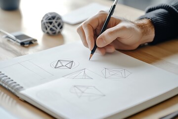 A creative hand sketches geometric shapes in a notebook, showcasing design ideas and artistic inspiration.