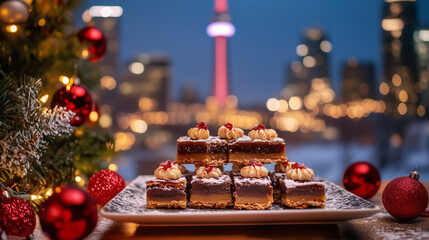 Traditional Canadian Christmas Dessert Plate with Festive Background