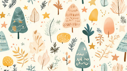 Whimsical watercolor pattern with colorful trees and stars