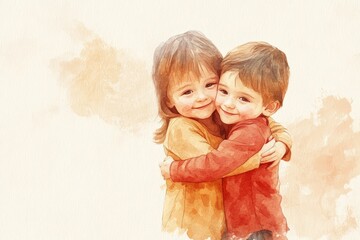 Watercolor painting captures a heartwarming moment as two young children embrace, radiating joy and affection in a tender display of connection