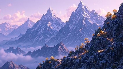Obraz premium Surreal glass mountains under lavender sky glowing plants light rocky paths