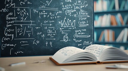 An open book on a table in front of a blackboard filled with mathematical equations and diagrams, ideal for education themes.