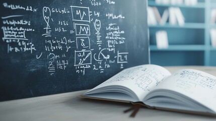 An open book with mathematical equations on a desk beside a chalkboard filled with complex diagrams. Ideal for educational themes.