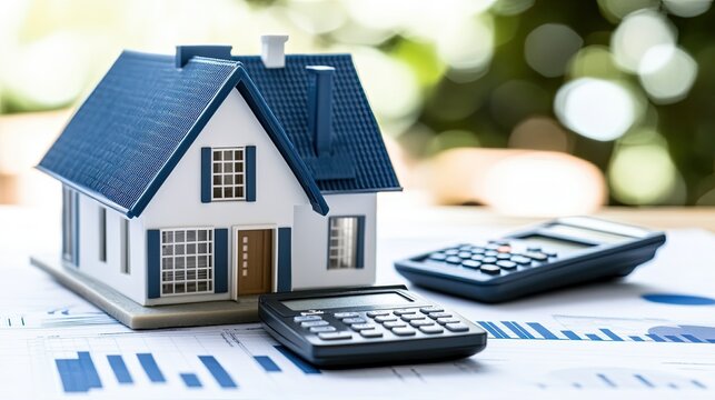 A detailed model house sits on financial charts with graphs, accompanied by a calculator, showcasing architectural planning and budgeting.