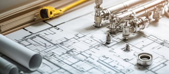 A blueprint with plumbing fixtures on top of it, including pipes, valves, and a wrench.