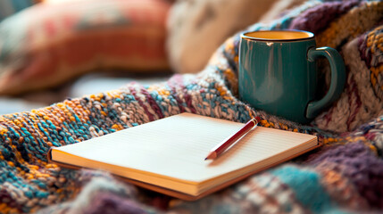 Fototapeta premium Notebook, pencil, and coffee mug on desk, cozy workspace
