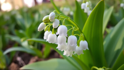 Obraz premium Close-up of delicate white lily of the valley flowers in a lush green garden