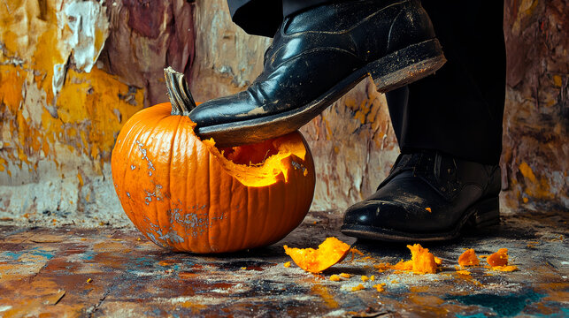Man crushing pumpkin with heel, textured surface, fall colors