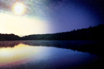 Lake near forest on sunny day and night, combined design