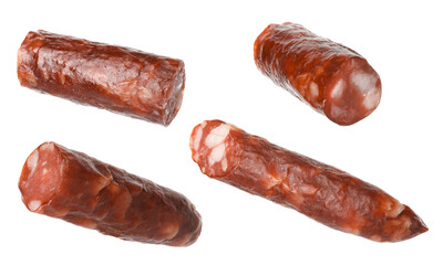 Dry smoked sausage pieces isolated on white, collage