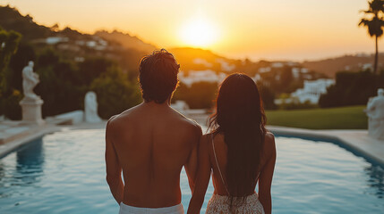 Fototapeta premium A couple stands by the pool, hand in hand, watching a breathtaking sunset over a lush garden filled with sculptures and villas